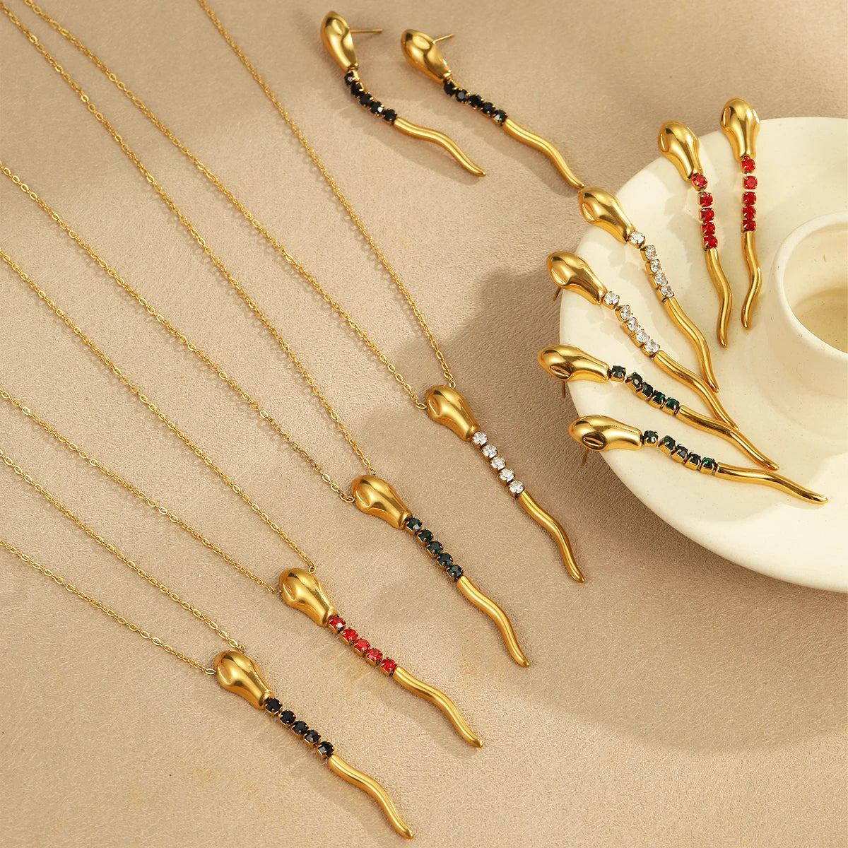 Trendy 18k Gold Plated Snake Zircon Pendant Necklace Earring Set  Stainless Steel Jewelry Set Gift for Women