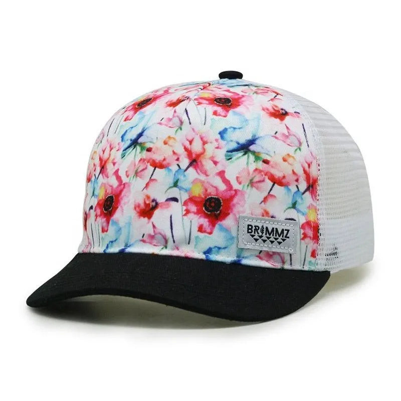 Customize Silk Screen Printing Logo Mesh Fabric Outdoor Casual Character Women's Adult Fitted Snapback Trucker Cap 3D Embroidery
