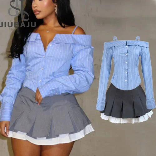 Fashion College Style Two Piece Sets One Shoulder Long Sleeve Stripe Top Gray Pleated School Skirt Set