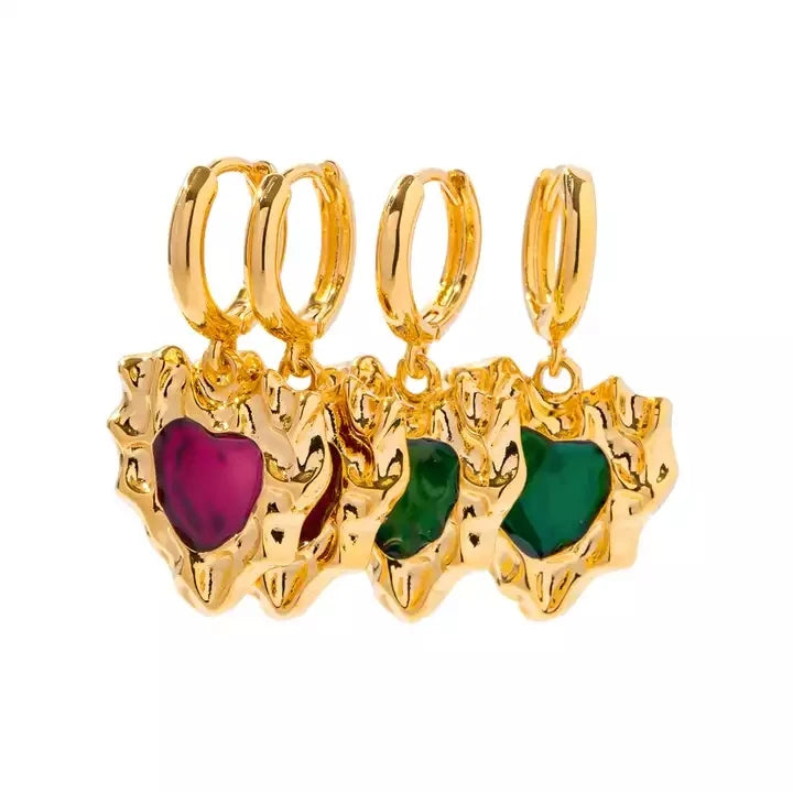 Waterproof 18K Gold Plated Red Heart Dangle Earring Bump Surface Irregular Emerald Green Stone Heart Earring