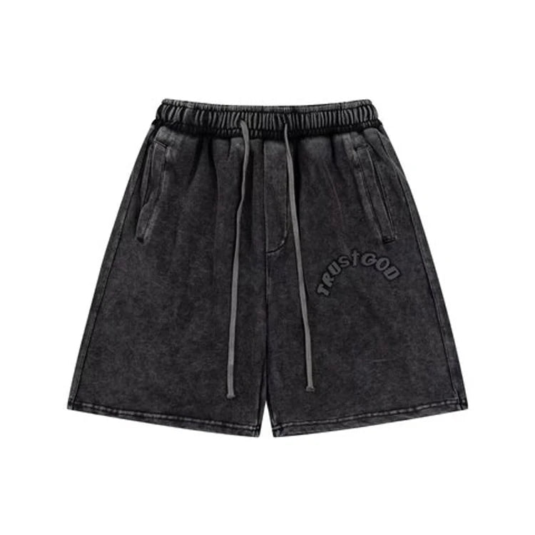 Wholesale Heavyweight Summer Casual Elastic Waist Black Pocket Shorts Cotton Acid Washed Vintage Men's Shorts