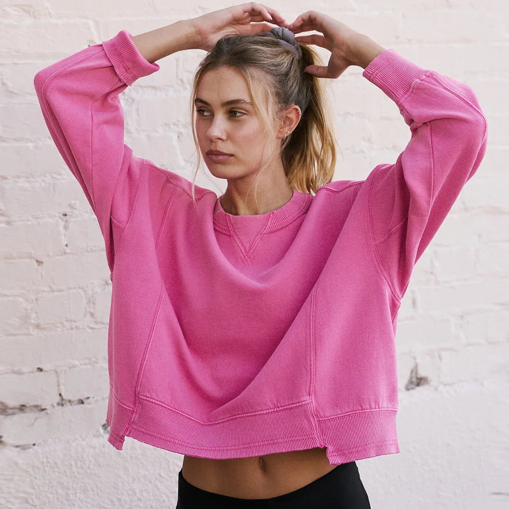 Women's XL Outdoor O Neck Long Sleeve Heavyweight Soft Loose Oversize Sweater Breathable Elastic Sports Wear Logo Waist Solid