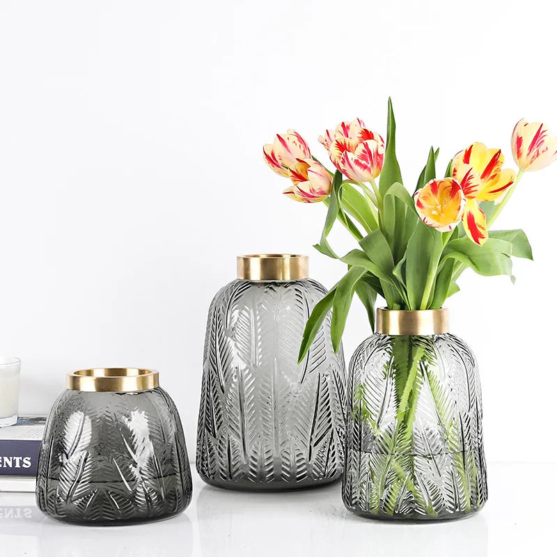 European-style Copper Ring Mouth Leaf Pattern Glass Vase Tulip Peony Hydroponic Flower Arrangement Glass Vase