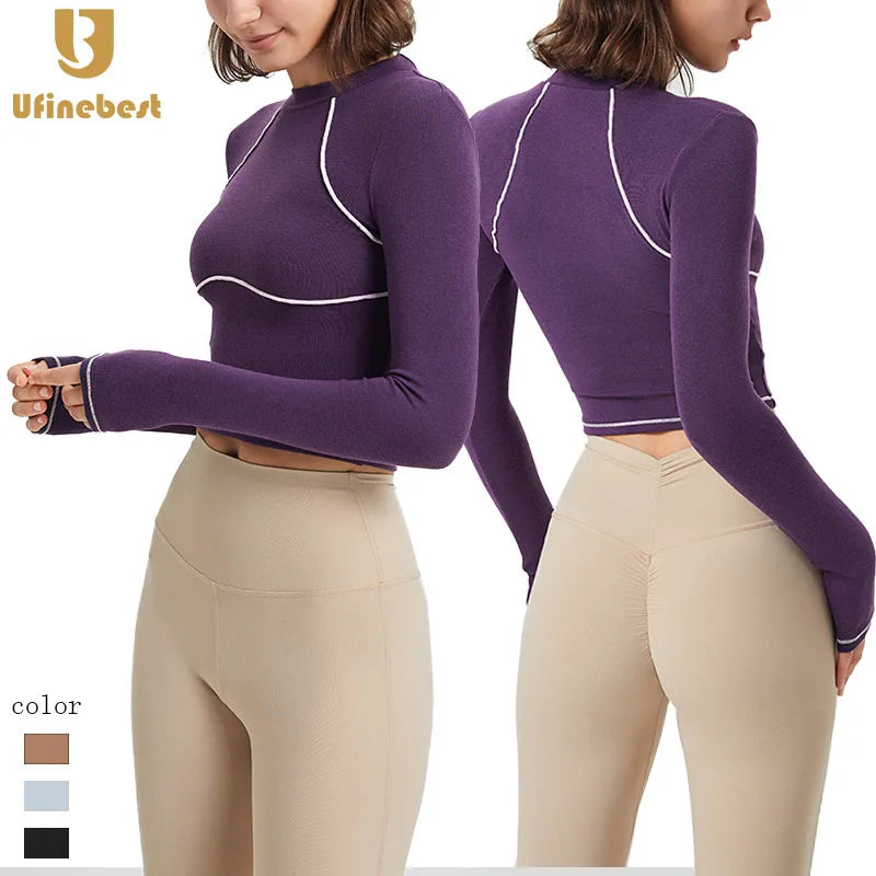 Running Fitness Clothing Contrasting Breathable Colors Crop Top High Neck Sports Tops Long Sleeve Women Yoga T Shirt