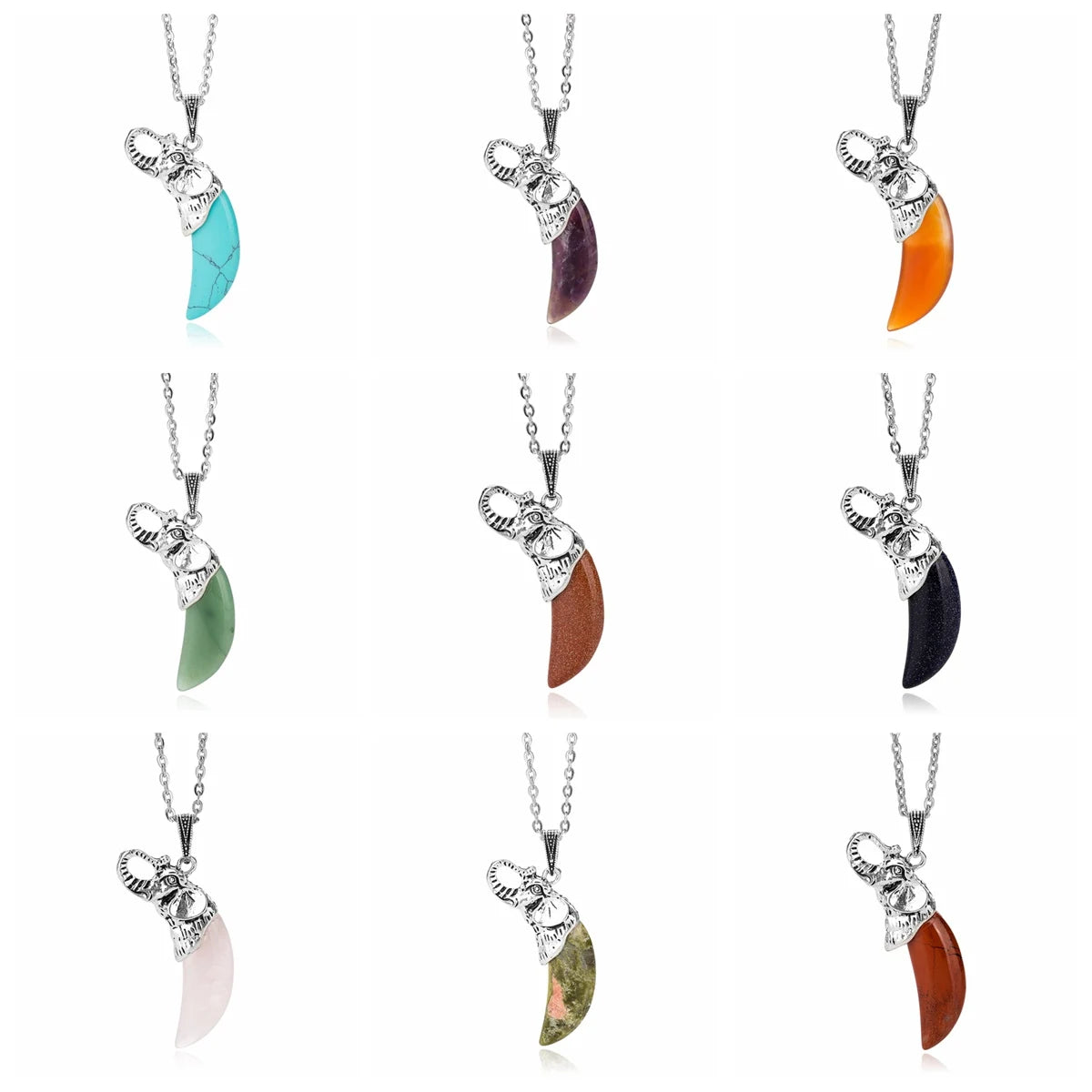 Newest Selling Natural Gemstone Tooth Shape Elephant Pendant Necklace Silver Elephant Head Teeth Chakra Men Jewelry