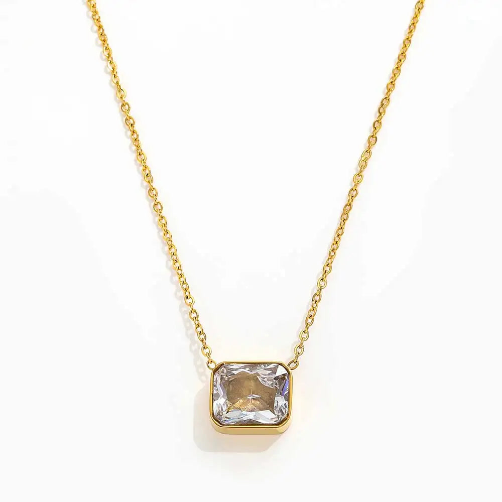 Joolim Jewelry 18K Gold Plated Rectangle Glass Pendant Necklace Stylish Link Chain Stainless Steel Perfect Trendy Style Gifts