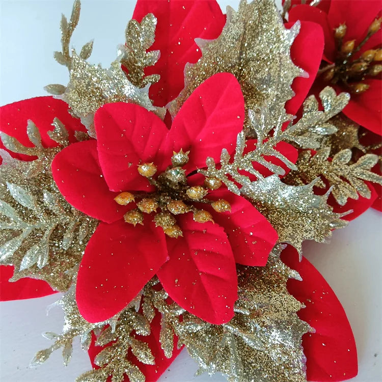 Wholesale Q-1123 Artificial Christmas Glittered Poinsettia Flower for Christmas Tree Decorative