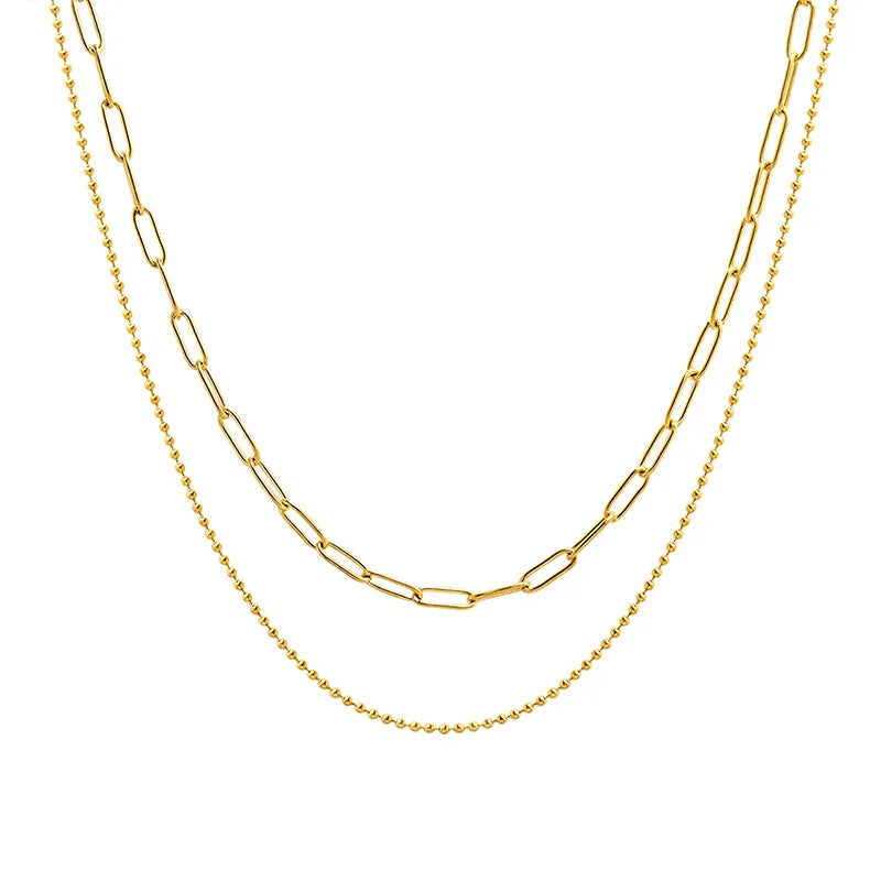 French 18K Gold Plated Charms Necklace Stainless Steel Double Layer Paper Clip Bead Chain Necklace Non Tarnish