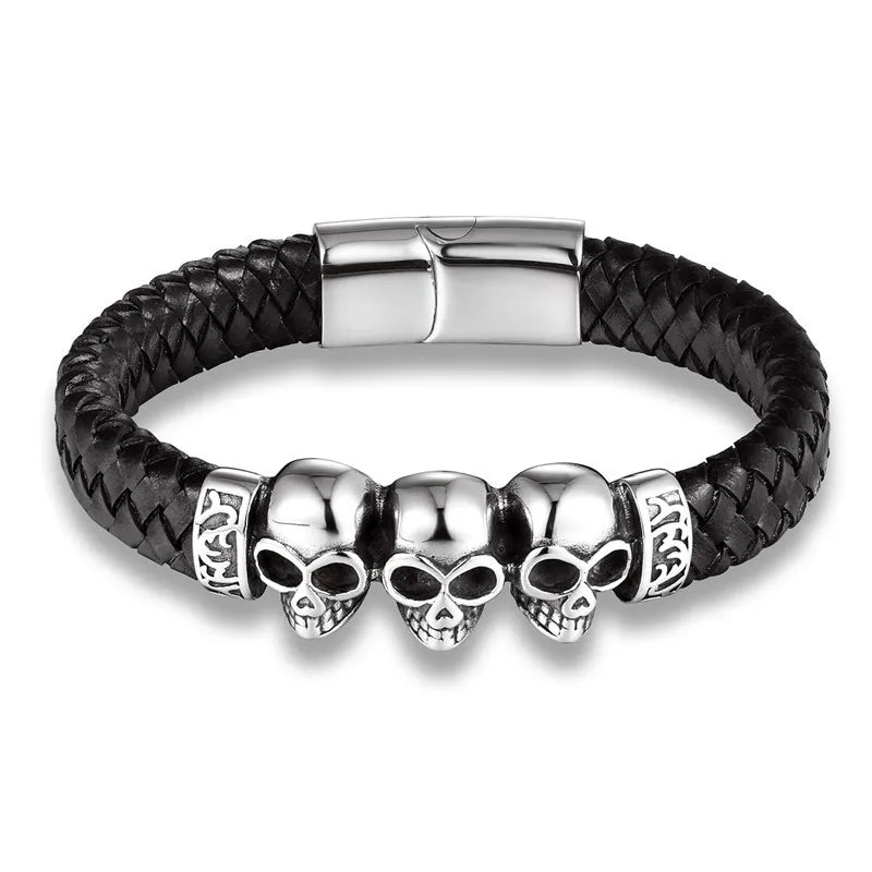 Wholesale High Quality Men Braided Titanium Steel Skull Bracelet
