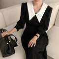 Wholesale 2026 Autumn New Chic Hepburn Style Lapel Stitching Contrast Color and Thin Waist Long-sleeved Pleated Women Dress