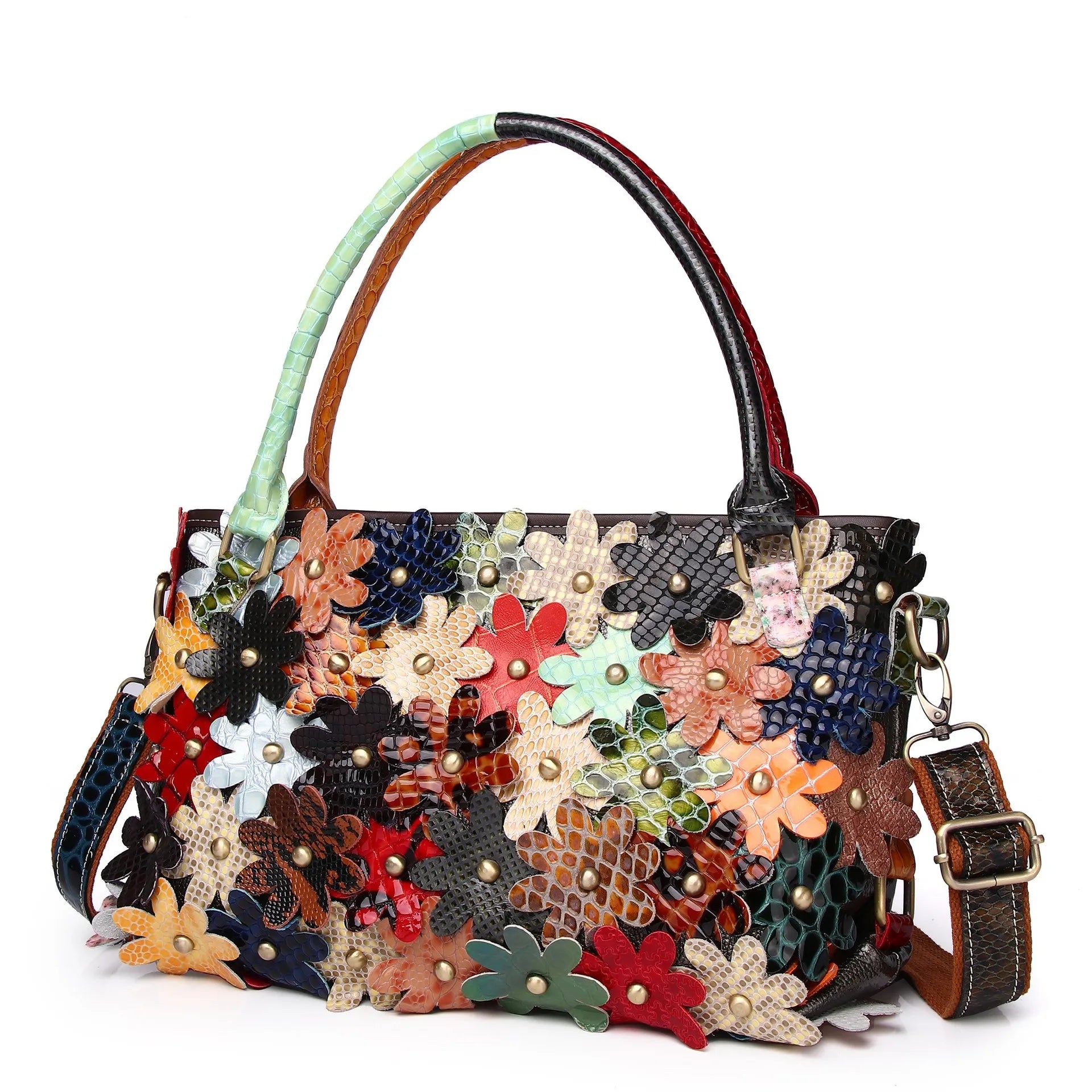 Ladies Handbag Snake Pattern Genuine Cow Leather Flower Decor Messenger Tote Bag Female Top Handle Shoulder Bags for Women