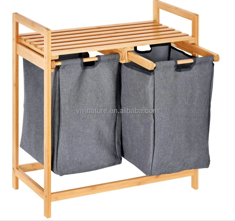 Bamboo 2 Section Laundry Sorter Hamper Shelf with Removable Bag Drawable Out Design