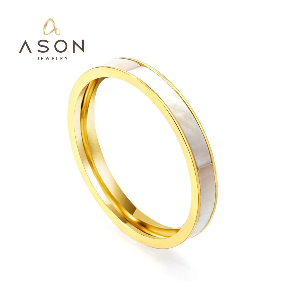 Ason Rings Jewelry Customise Wholesale Bulk Stainless Steel Ladies Rings 18K Gold Plating Stackable White Shell Ring Fro Women