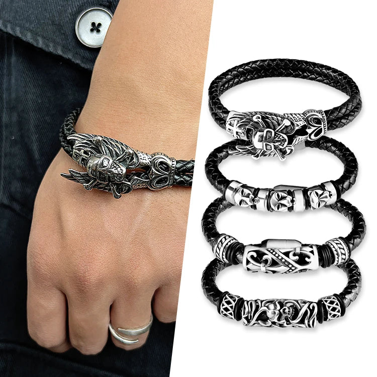 Unisex Stainless Steel 316L & PU Leather Retro Gothic Bangle Bracelet-Customizable Third Party Certified Anniversary YC Brand