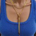Trendy Jewelry 18k Gold Plated Waterproof Simple Long Stainless Steel Blade Pendant Chain Golden Dainty Lariat Gold Necklaces