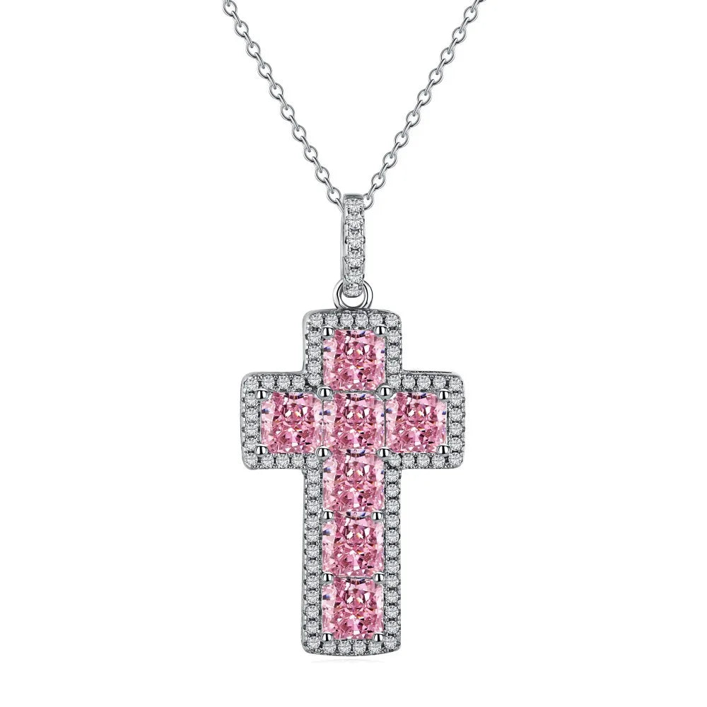 Hainon S925 Sterling Silver Square Zircon Round Zircon Cross Pendant Necklace Ladies Personality Necklace