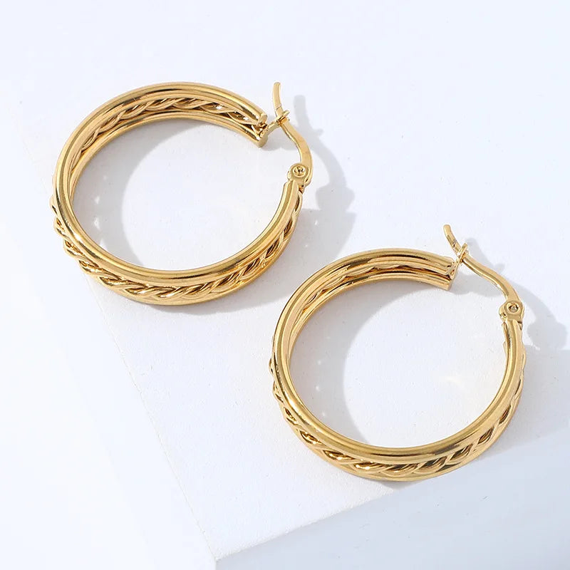 Stainless Steel Jewelry 18K Real Gold Plating Hoop Earrings Thick Chunky Round Twisted Earring for Women Null