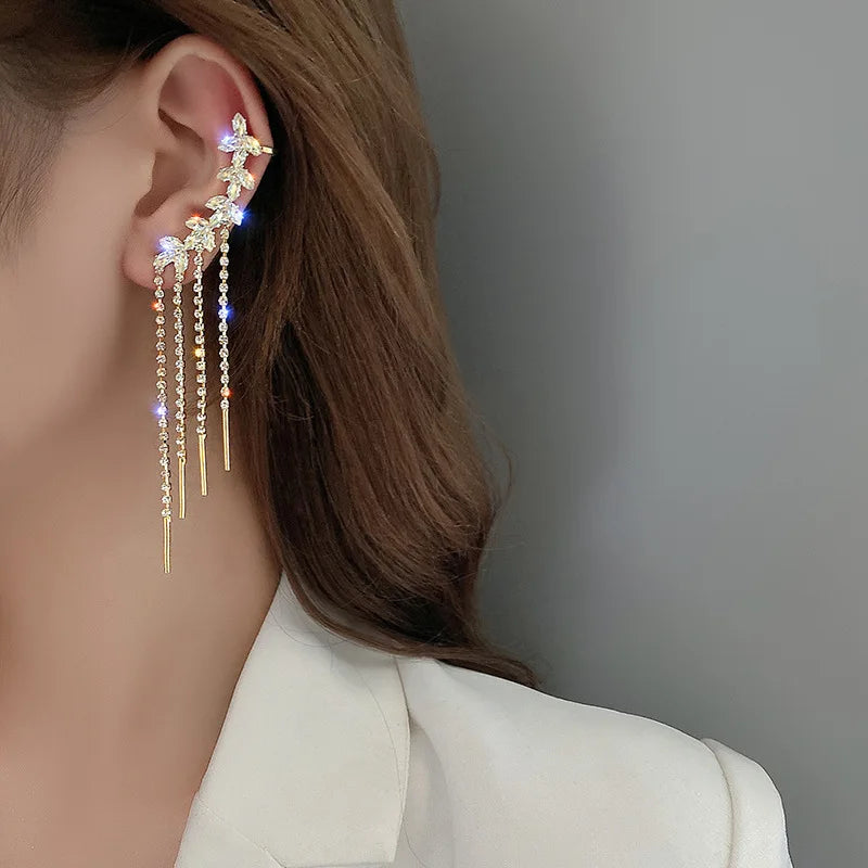 Korean Temperament Gold-plated Inlaid Zircon With Star Tassel Stud Earrings 925 Silver Needle Earrings Earbone Clip with Diamond