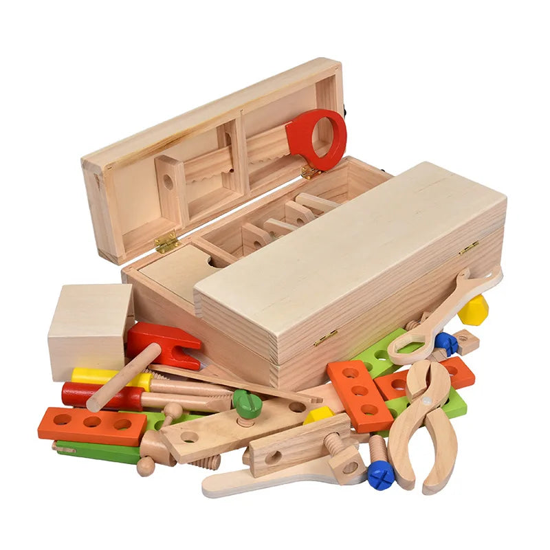 Baby Wooden DIY Repair Toolbox Beech Wood Montessori Games Educational Portable Nut Tool Set Garden Toys for Boys Girls