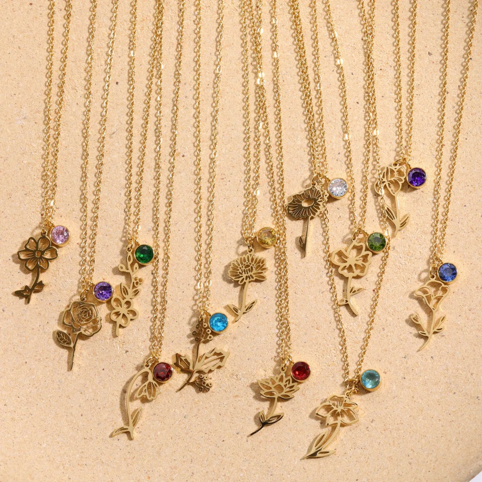 Tarnish Free 12 Months Solitaire Round Zircon Necklace Real 18k PVD Gold Plated Stainless Steel Flower Birthstones Necklace