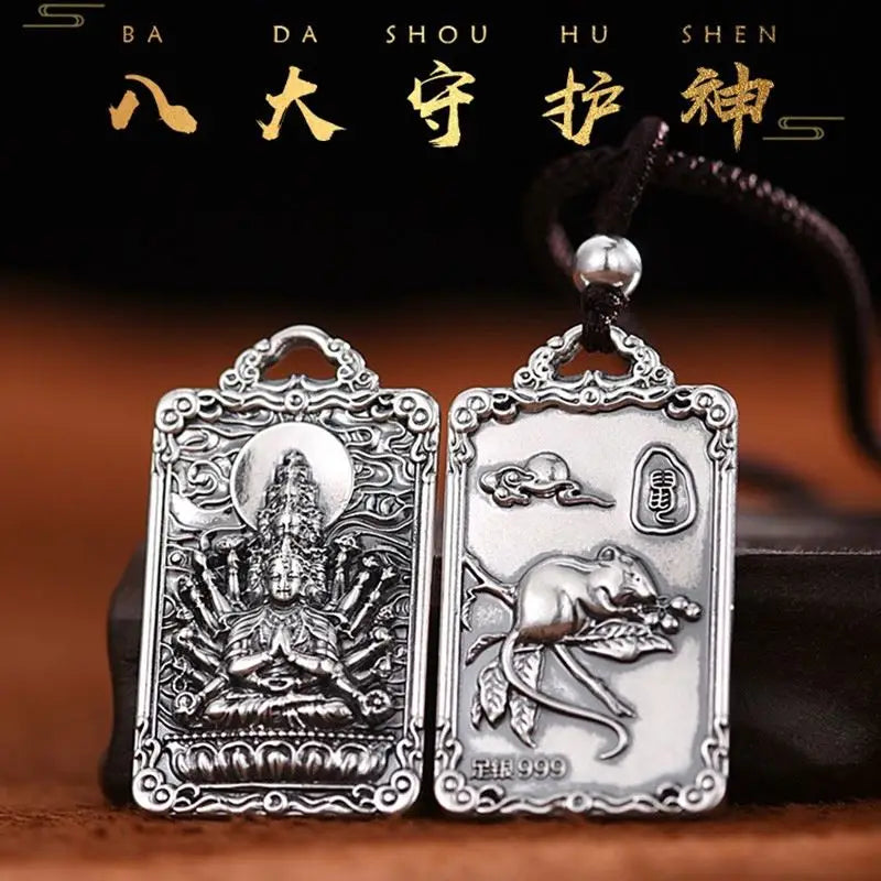 Certified S999 Buddha Sterling Silver Pendant for the Year of the Tiger 12 Chinese Zodiac Men's Rotating Eight Guardian Charm