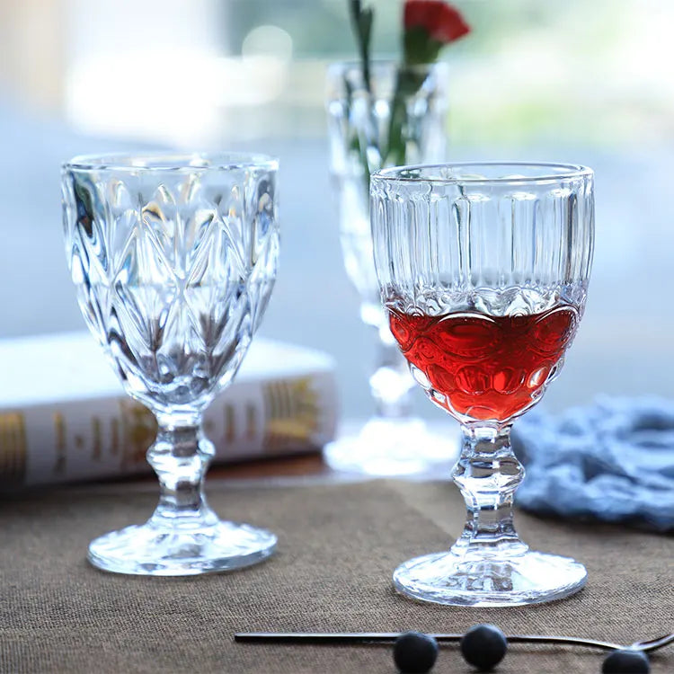 Jesenbol Machine Pressed Lead Free Clear Vintage Wine Glass Classic Water Goblet Glass for Party 200-330ml Embossed Goblets MegaBDM