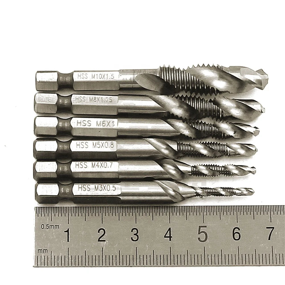 6PCS HSS Hex Shank Spiral Screw Thread Taps Drill Bits Set Hex Tap Drill Bits Metric/Imperial Spiral Fluted Machine Screw