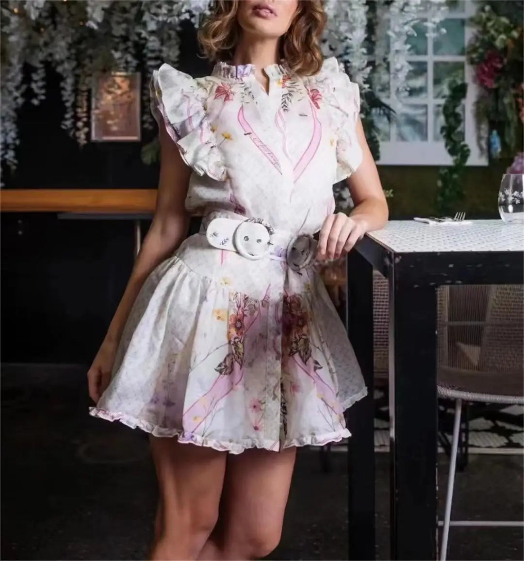 2024 Summer New Temperament Commuter Ladies Sleeveless Waist Slimming Vacation Solid Color Floral Cool Short Dress