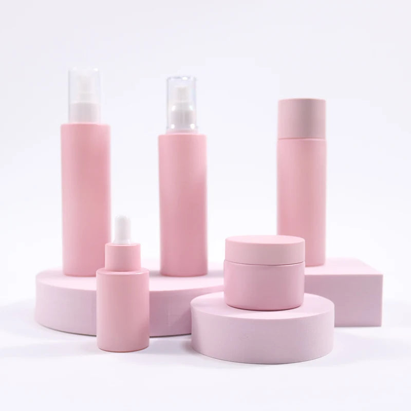 Matte Frosted Pink Skin Care Serum Packaging 30ml/50ml/100ml/120ml Glass Dropper Bottle Airless Pump Jar Spray Pump Screw Cap