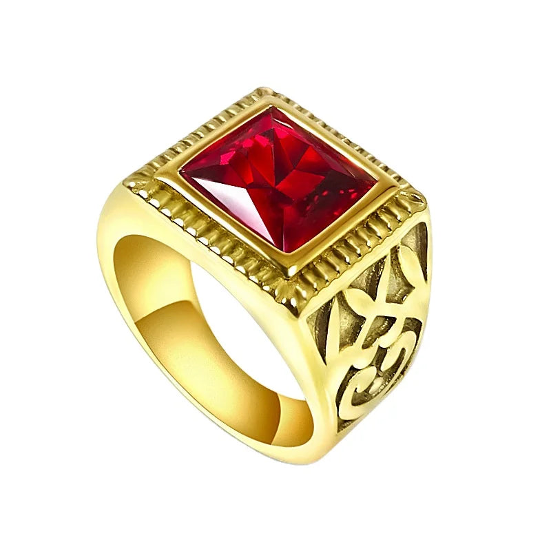 Wholesales Classic Custom Gold Plated Jewelry Red Gemstone Finger Men's Ring with 18K Gold Plated