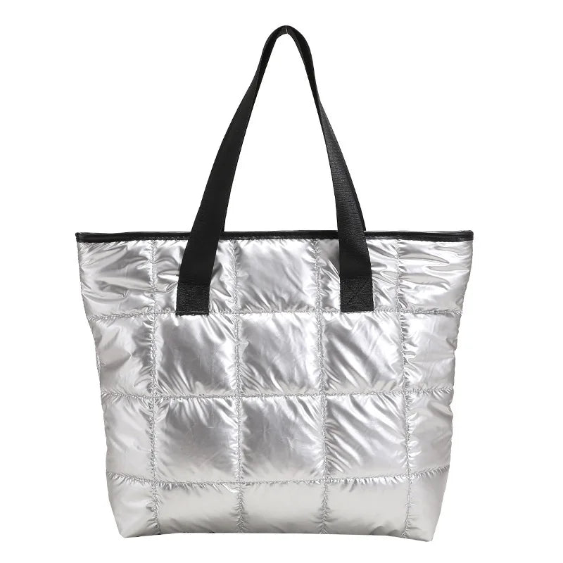 Large Capacity Nylon Puffer Handbag Lightweight Glossy Down Cotton Padding Casual Tote with Two Straps Quilted Design MOQ 3pcs