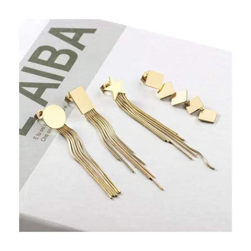 Hot Selling Trendy Women's Stainless Steel Gold Long Tassel Geometric Drop Earrings with Crystal Rhinestone for Anniversary
