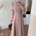 Boutique Wholesale 2026 Autumn French Elegant Suit Collar Double Breasted Straps Waist Solid Color Long Casual Dress