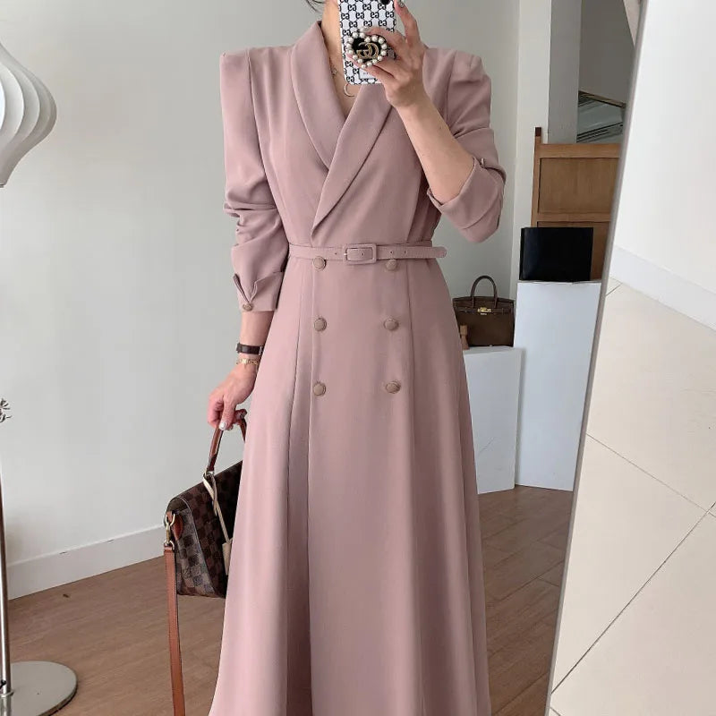 Boutique Wholesale 2026 Autumn French Elegant Suit Collar Double Breasted Straps Waist Solid Color Long Casual Dress