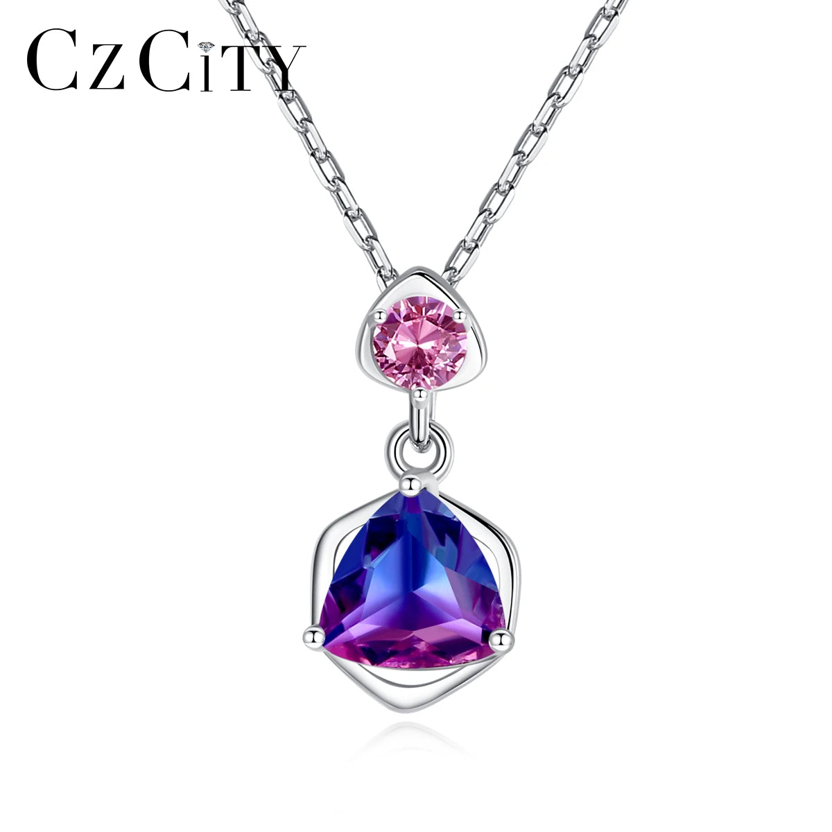 CZCITY 925 Sterling Silver Rainbow Stone Pendant Necklace Fashion Jewelry for Women