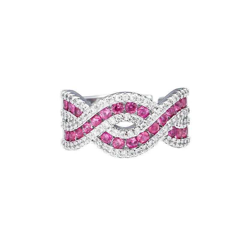 SENYU Custom Fashion Twine Open Ring Corundum Red Cubic Zirconia Charm Spiral Twist Interlaced Design Women Ring for Party Gifts