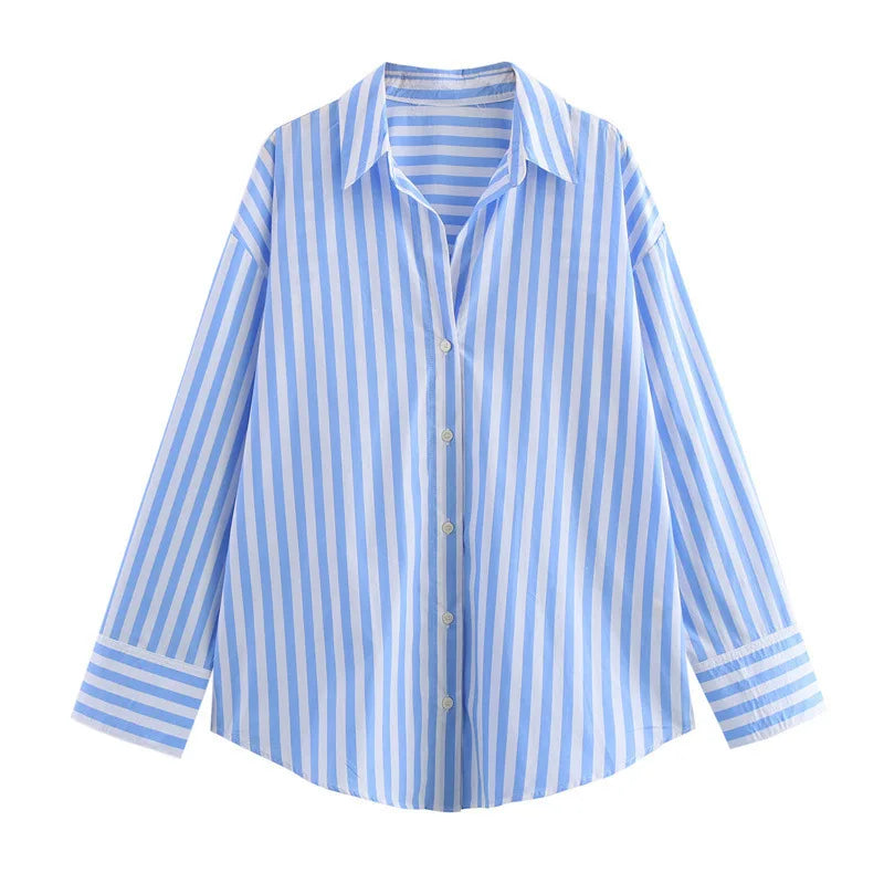 S-4XL Irregular Striped Patchwork Loose Long Sleeved Cotton Shirt Top for Women's Spring and Autumn Wear