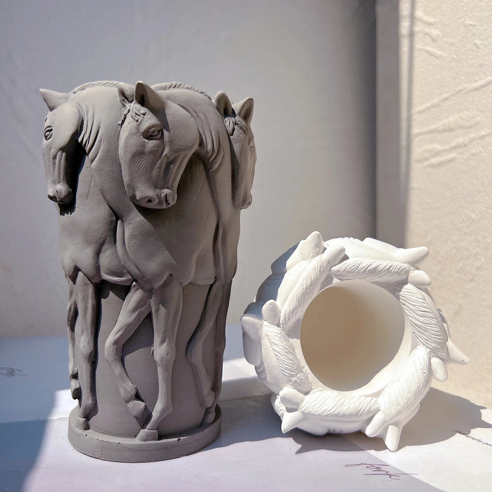 Herd Horse Statue Silicone Mold Riding Sculpture Cement Concrete Resin Mould Figurine Animal Poney Plaster Mold for Candle Jar