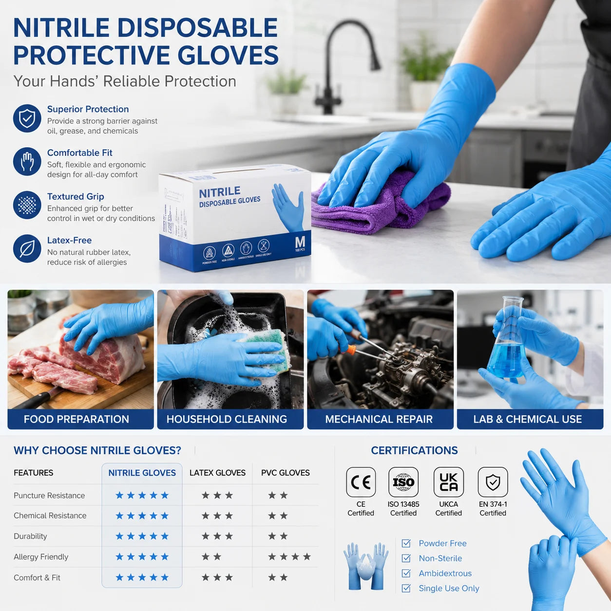 Custom Logo Chemical Resistant Oil Resistant Latex Disposable Gloves OEM ODM Anti slip Hygiene Powder Free Protective Gloves
