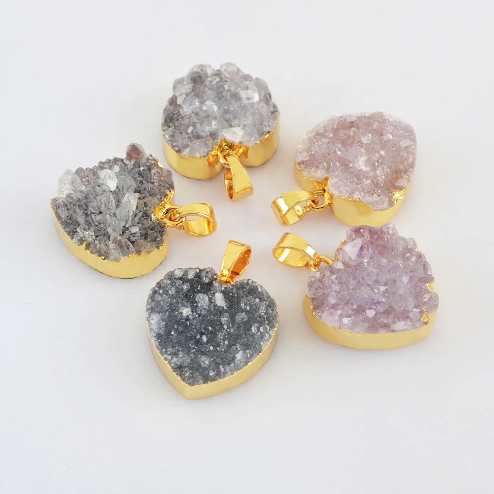 G2019 Natural Color Agate Druzy Stone Heart Gold Pendant Valentine Jewelry