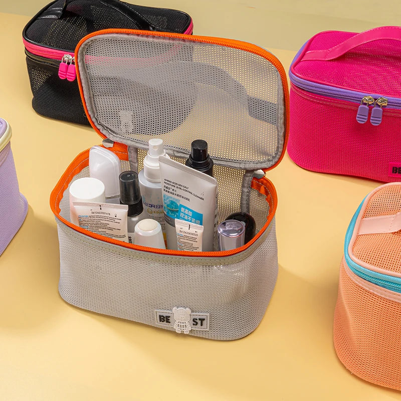 Large Capacity Fashionable Portable Zipper Makeup Bag Wholesale Summer Mesh Cosmetic Organizer with Portable Features
