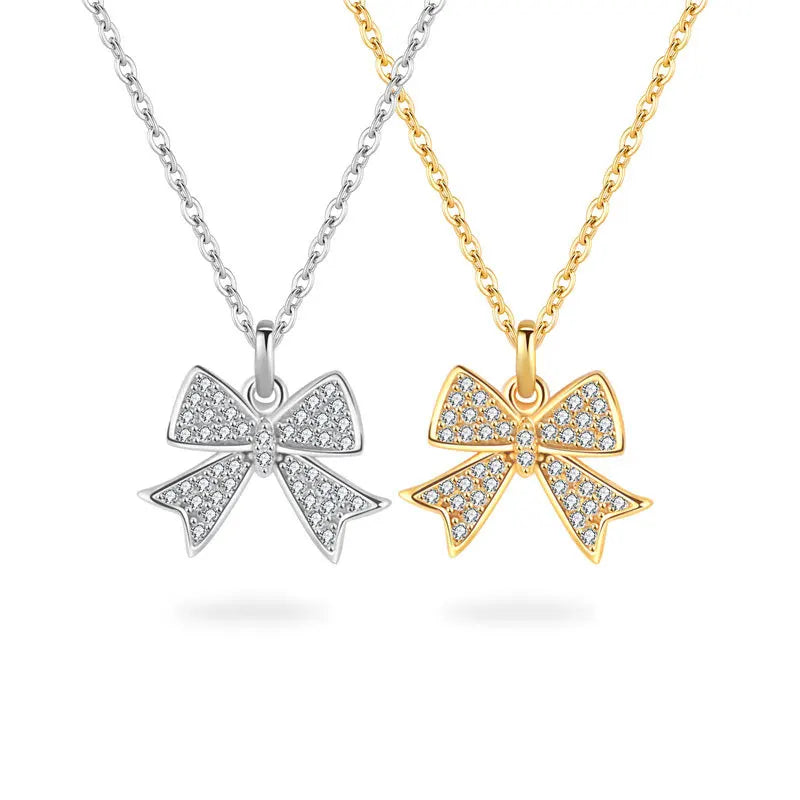 Daidan Womens Necklace Jewelry Elegant Cz Stone Gold Plated 18K 925 Silver Bow Pendant Necklace