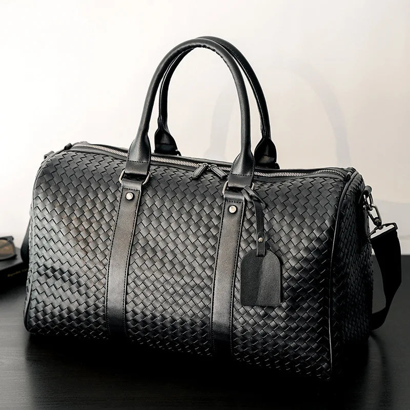 Large Capacity Vintage PU Woven Tote Duffle Gym Bag for Unisex Waterproof Outdoor Travel Zipper Closure Customizable Color Logo