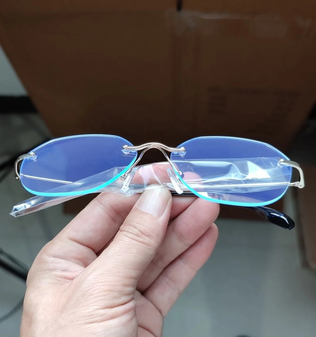 Fashion Frameless Optical Frame Durable Metal Hinge Silicone Nose Pad HD Lens CE Certified UV400 Anti Blue Light Diamond Face