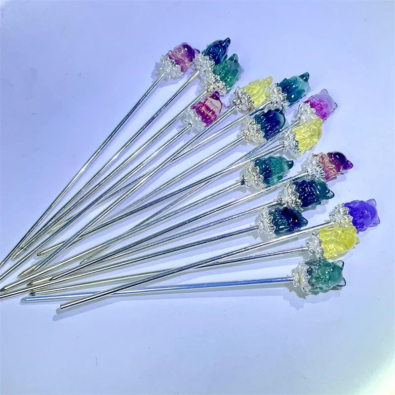 Wholesale Natural Crystal Rainbow Fluorite Fox Hairpin for Women Spiritual Healing Stone Animal Hairpin Decorative Usage