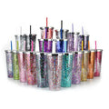 Reusable 24oz Double Wall Colored Acrylic Glitter Cup with Straw Plastic Bulk Cold Drinks Tumbler Cups with Lid and Straw