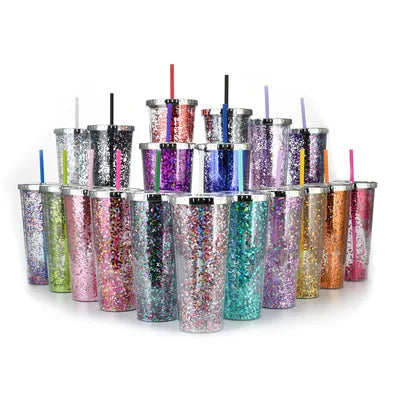 Reusable 24oz Double Wall Colored Acrylic Glitter Cup with Straw Plastic Bulk Cold Drinks Tumbler Cups with Lid and Straw