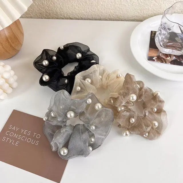 PFT Sweet Mesh Large Intestine Organza Pearl Headband High Temperament Ponytail Tie Simple Women Can Customize Polyester Party MegaBDM