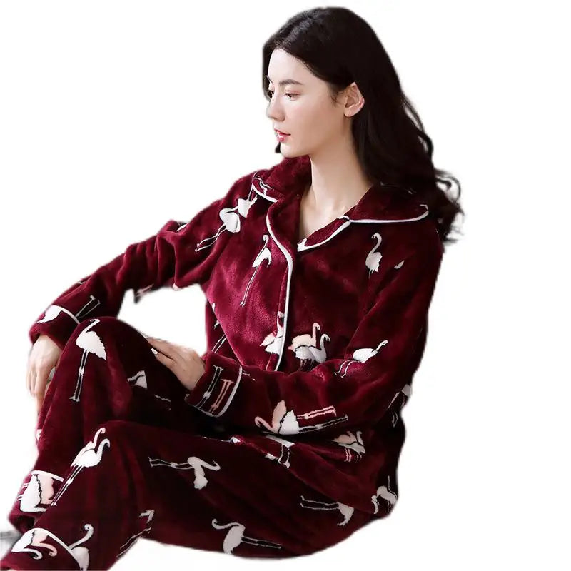 Brazil Women Flamingo Printed Coral Fleece Elegant Thermal & Breathable Pajama Set Plus Size Maroon Color Home Wear