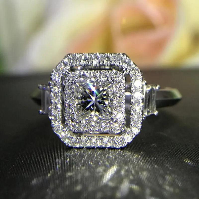 CAOSHI OEM ODM Asscher Cut Full CZ Rings Jewelry Fashion Claws Setting Silver Color Square Engagement Ring Women